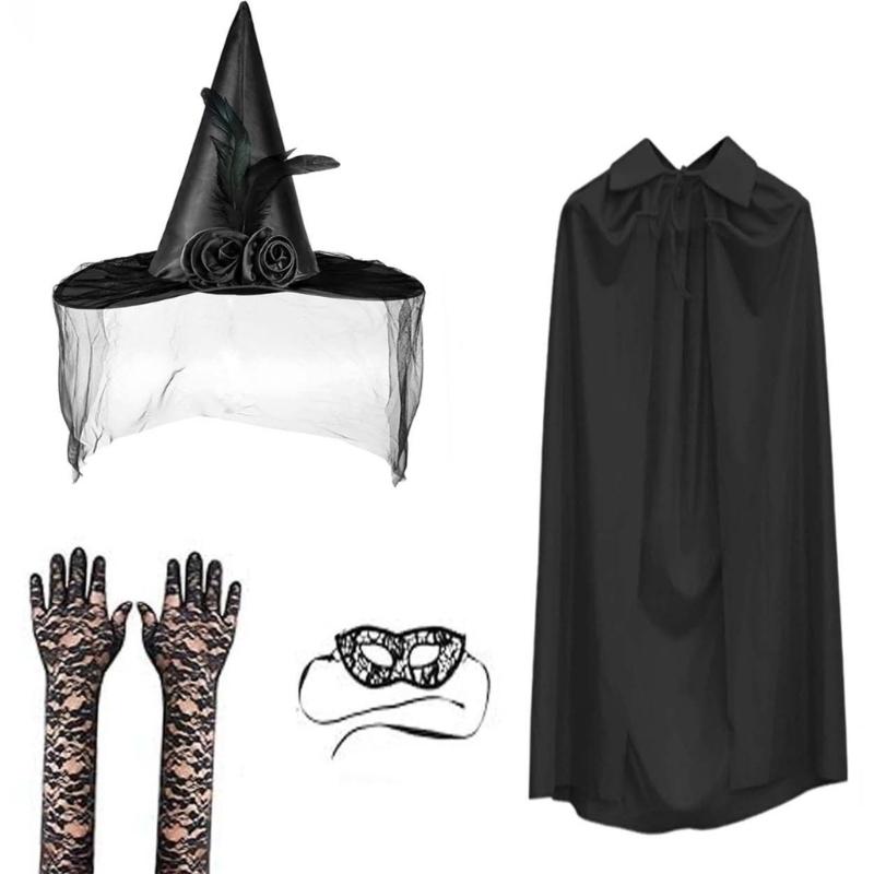 Women Costume Witch Hat Witch Cloak Lace Eye Mask Long Gloves for Halloween Masquerade Cosplay Adult Halloween Costume
