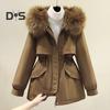 Winter Women Jacket Furry Hood Thickened Plush Long Sleeves Elastic Waist Pockets Zipper Closure Coat Mid Length Windproof Warm Overcoat