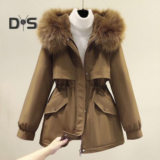 Winter Women Jacket Furry Hood Thickened Plush Long Sleeves Elastic Waist Pockets Zipper Closure Coat Mid Length Windproof Warm Overcoat