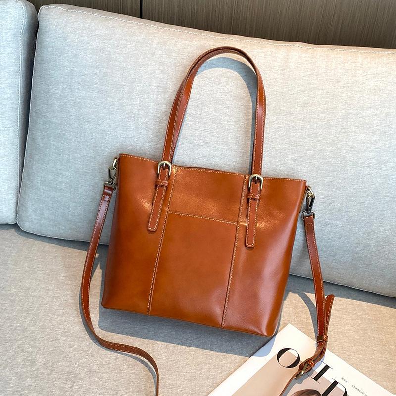 Top layer oil wax cowhide large-capacity design tote bag genuine leather fashion shoulder bag