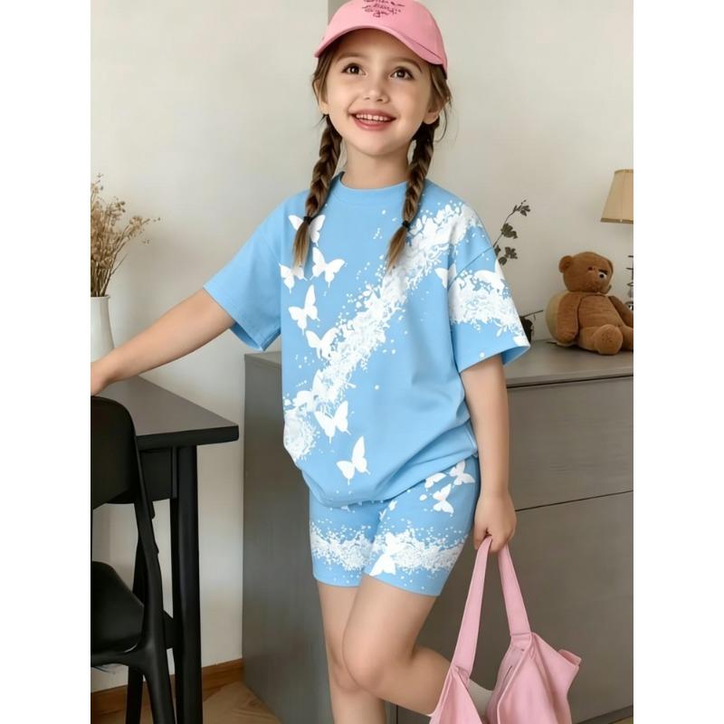 1615 Flame Retardant Digital 3D Swan Girls' Short Sleeve and Shorts Home Wear Set, Suitable for Girls Aged 3 To 8