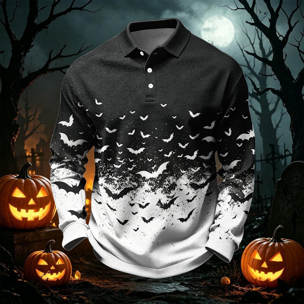 Men's Quick Dry Mesh Long Sleeve Golf Shirt with Halloween Print for Casual Wear