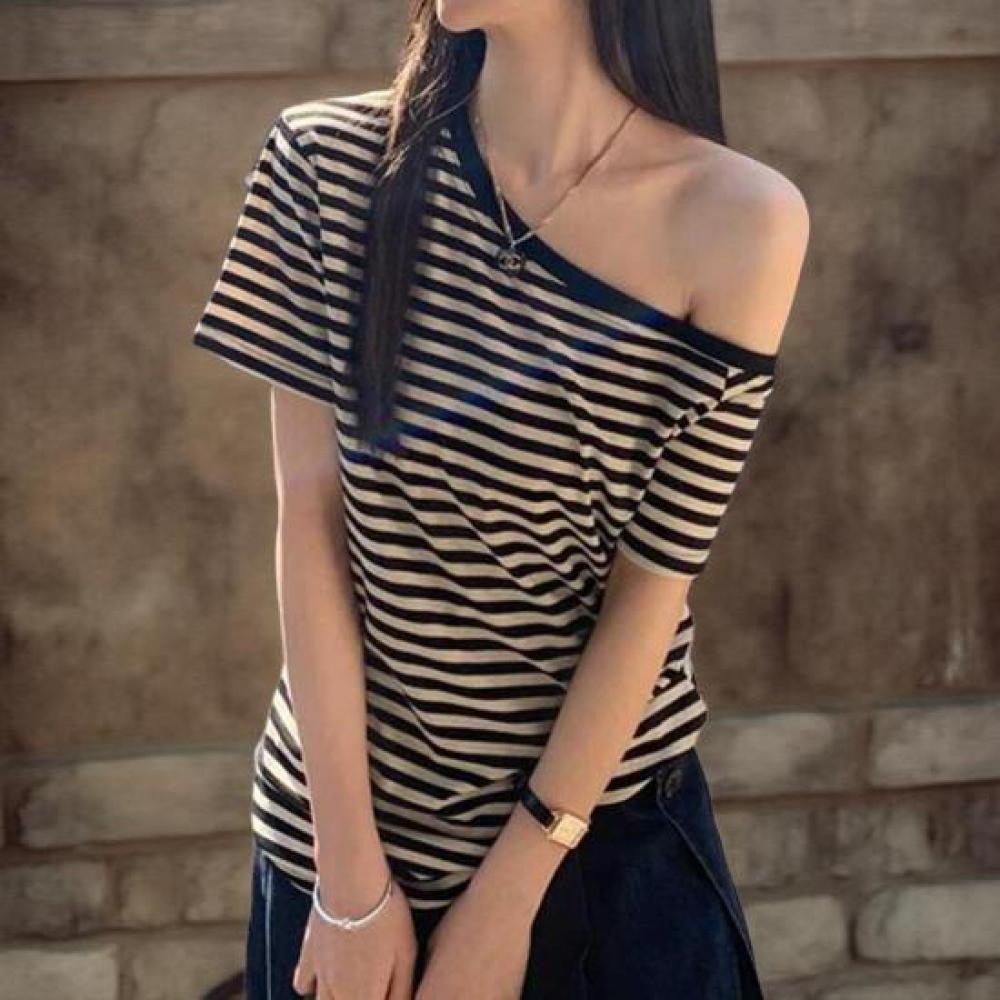 New ArrivalS Open Run Women S Off Shoulder Black looSe FiT STripe T ShirT