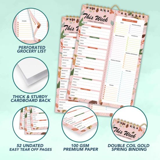 52týdenní odtrhávací jídelní plánovač, spirálová vazba, odnímatelný nákupní seznam, nedatovaný blok pro plánování menu do kuchyně