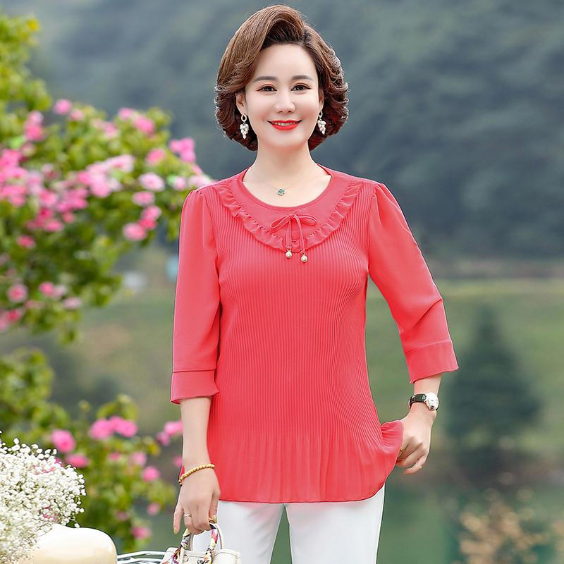 Women Summer Three-quarter Ruffle Sleeves Tops Female Lace Round Neck Blouse Shirt Middle Aged Mother Loose Solid Chic Blouses
