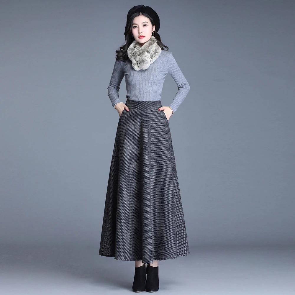 Automne Hiver Femmes Jupes Carreaux Vintage Femmes Taille Haute Chaud A-Line Jupe Plissée Bureau Élégant Jupe Maxi Femme