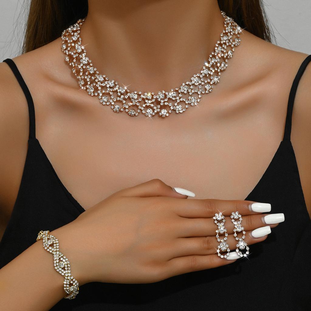 3pcs Women Jewelry Set Rhinestone Earrings Necklace Vracelet Wedding Party Accessories