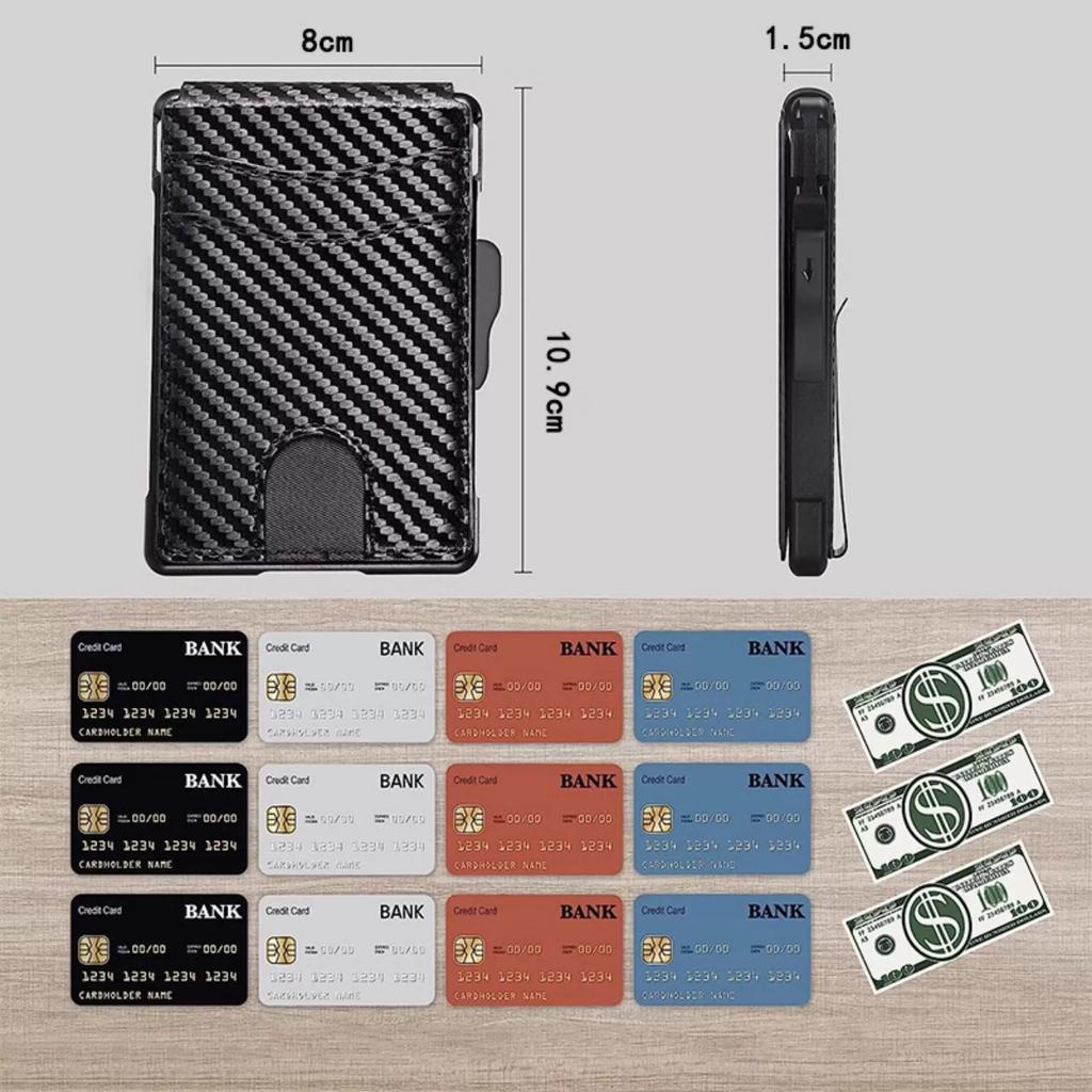 Automatischer RFID-Kartenhalter Metall-Geldbörse Herren Premium Faltbares Leder Kohlefaser Kartenhalter