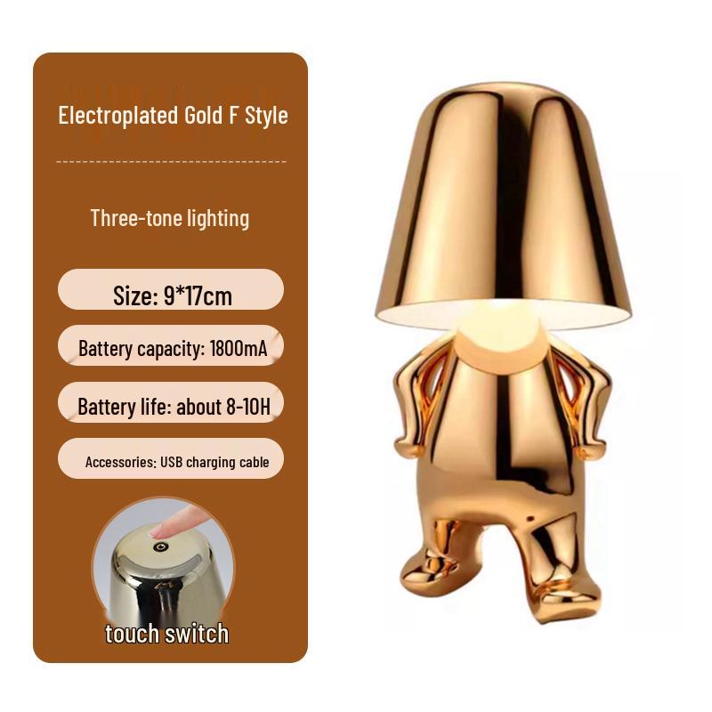 Creative Thinker Electroplated Gold Table Lamp: Rechargeable Night Light & Bedroom Ornament