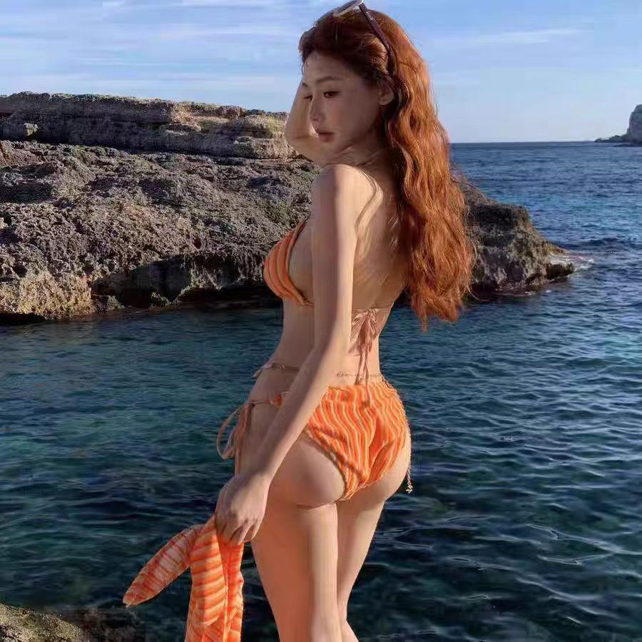 Orange striped neck strap bikini swimsuit women's three-piece set, Korean ins hot spring sexy babes vacation style