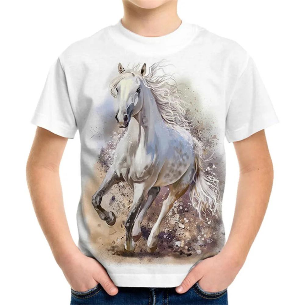 Summer Round Neck 3D Horse Pattern Printed Top Fashionable Casual Short Sleeved Children's Boy T-shirts