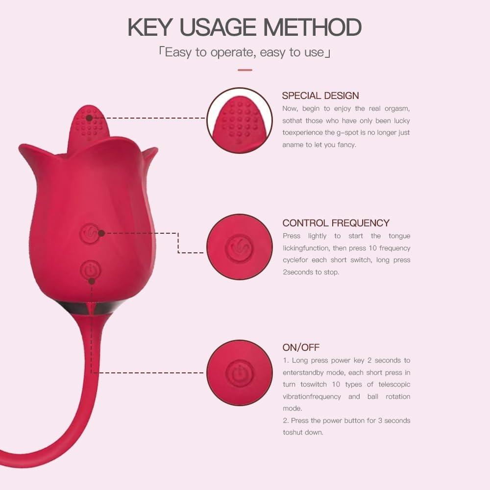 1pcs Rose Sex Toy for Womens 3 in 1 Upgrade Rose Sex Stimulator for Women 10 Tongue Licking & 10 Telescopic & 10 Ball Rotation Vibrator Dildo