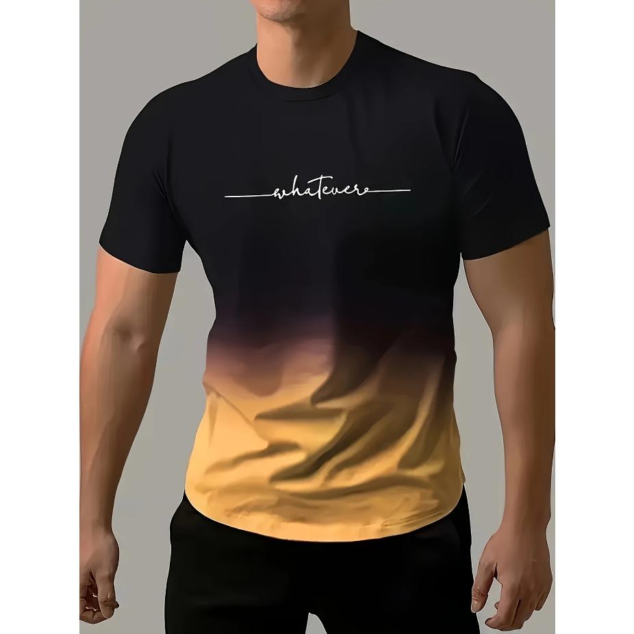 Summer Men's Gradient Color Casual Stretch Sports T-shirt, Round Neck Tee Shirt For Fashion