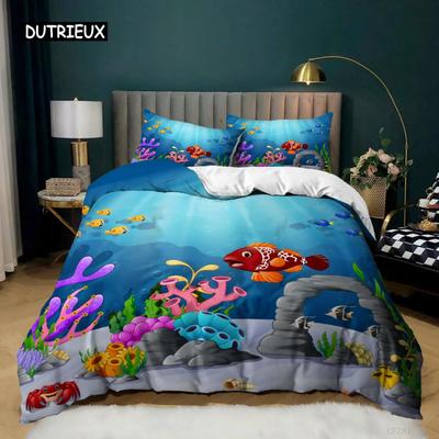 Ocean Duvet Cover Set King Twin Size Marine Themed Bedding Set Microfiber Coral Fish Crab Underwater Animal Pattern Quilt Cover