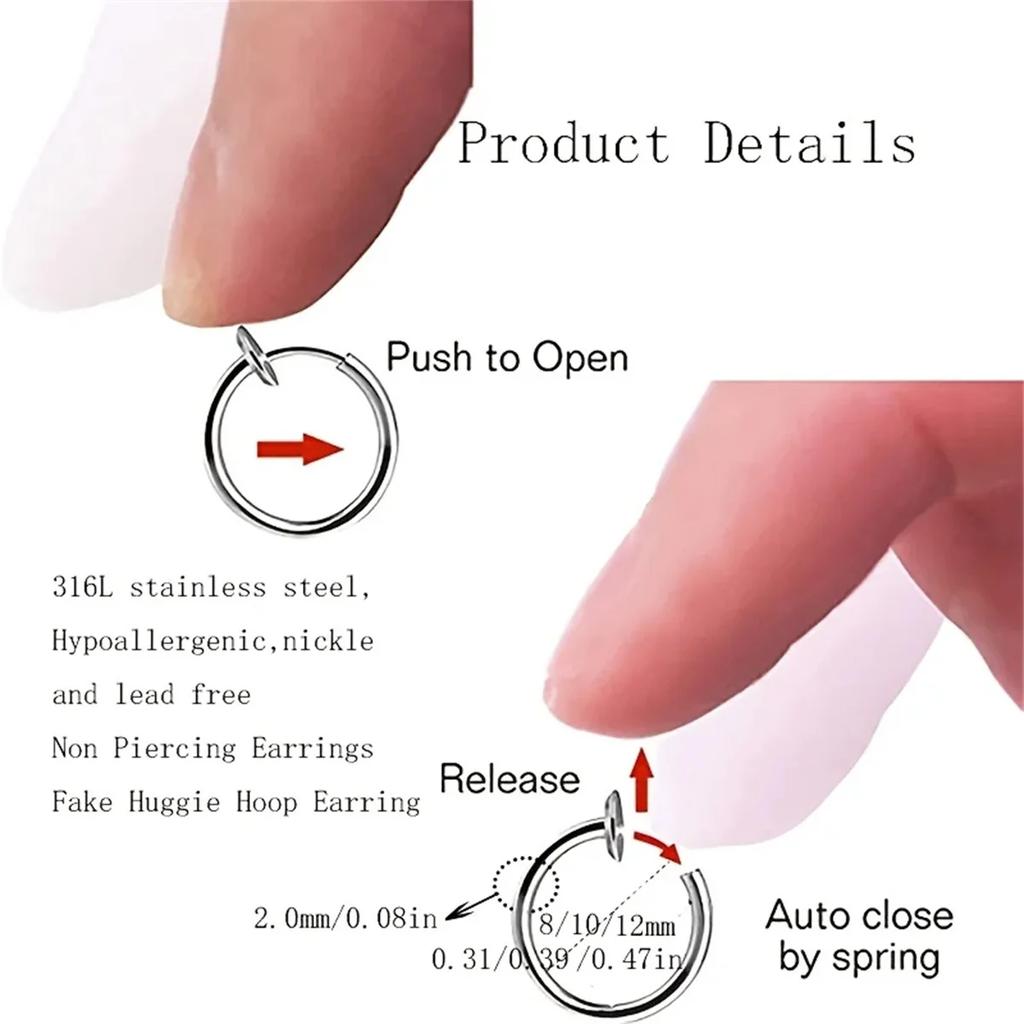2pc/set Fake Nose Ring Hoops, Clip On Ear Fake Septum Ring Non Piercing Spring Hoop Earrings Lip Ring Fake Cartilage Earrings