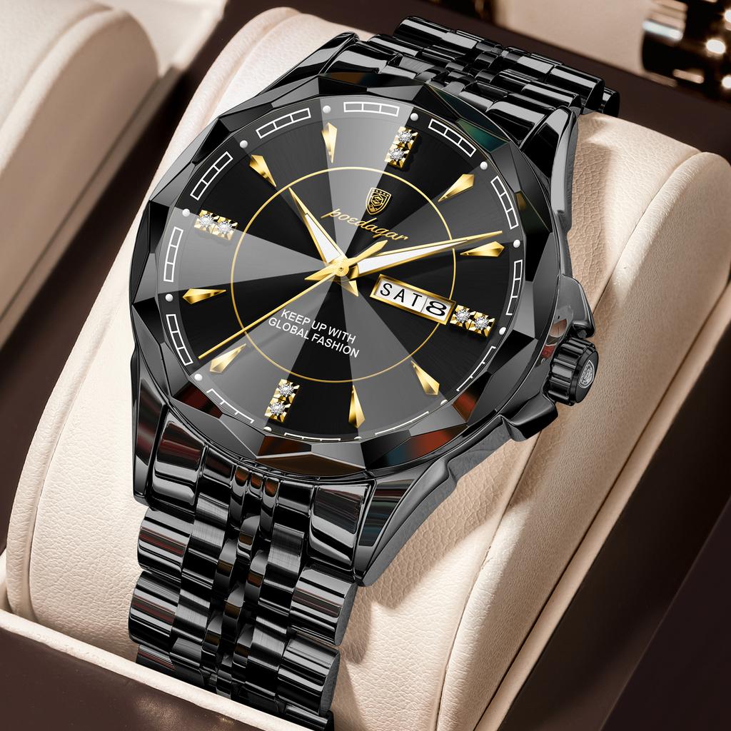 POEDAGAR Top Fashion Man Clock Business Waterproof Luminous Date Week Wristwatch Quartz Stainless Steel Casual Watches