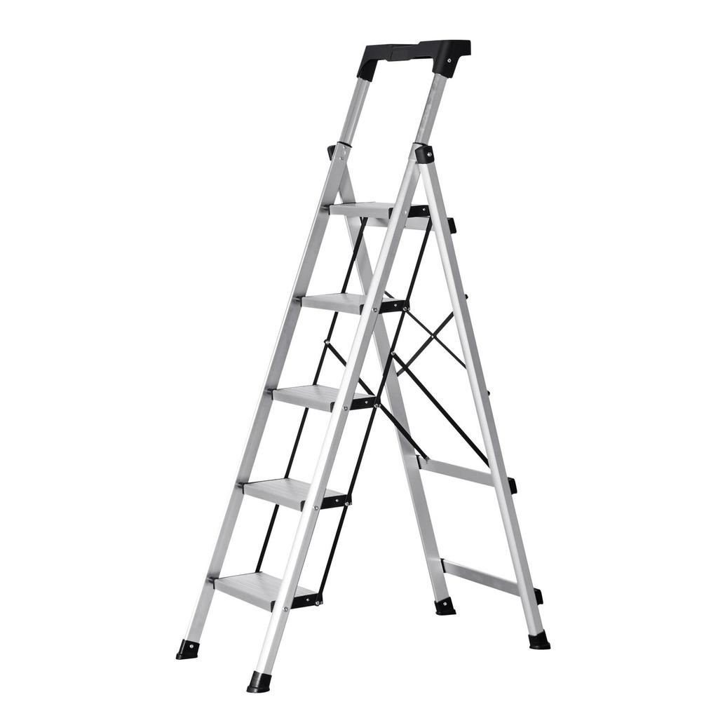 5 Step Ladder, Folding Step Stool with Wide Anti-Slip Pedal and Comfort Handgrip, 150 Kg Capacity Portable Aluminum Stepladder, Multi-Use for Kitchen,