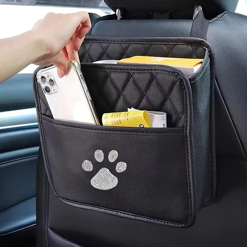 Car Storage Bag With Diamond Studded Dog Paw Butterfly, Car Seat Back Storage Bag, Hanging Bag, Multifunctional Storage Box