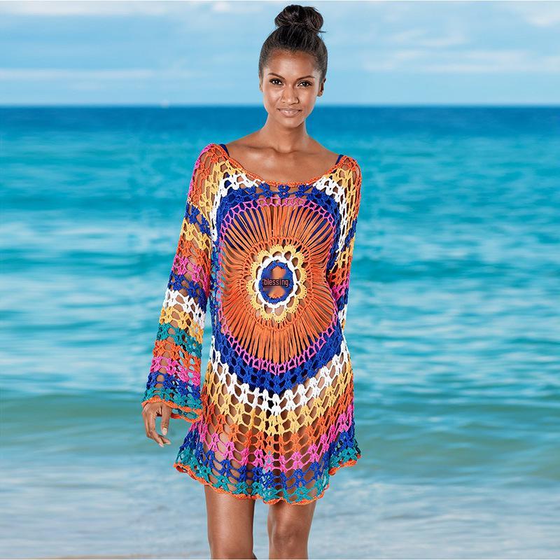 Handmade Crochet Colorful Long Sleeve Beach Cover-up for Women - Knit Hollow Out Bikini Outerwear