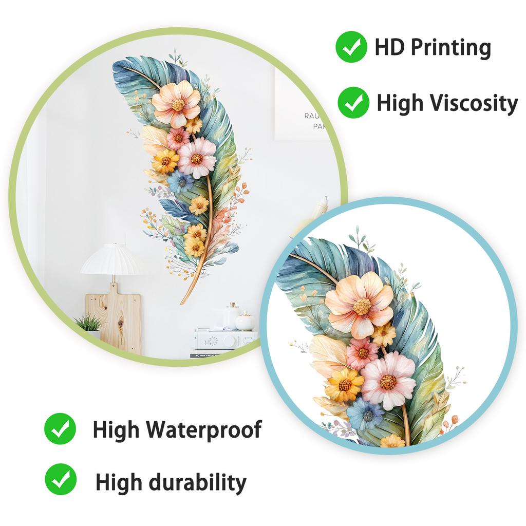 Feather Bouquet Wall Stickers, Removable Self-Adhesive Decals for Bedroom Background Door Home Decor