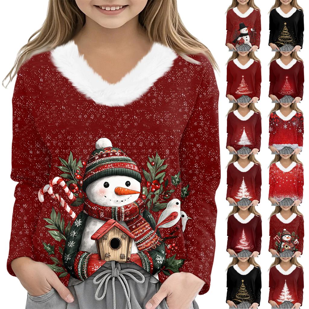 Christmas Day Girls Long Sleeve T Shirts Kids Girls' V-Neck Tee Christmas Print Long Sleeve Top
