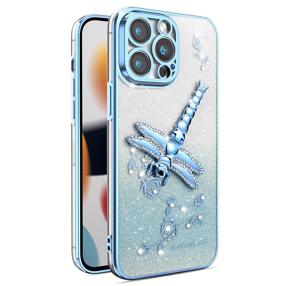 

For iPhone 14 Pro Case Dragonfly Kickstand TPU Flowers Glitter Phone Cover Blue