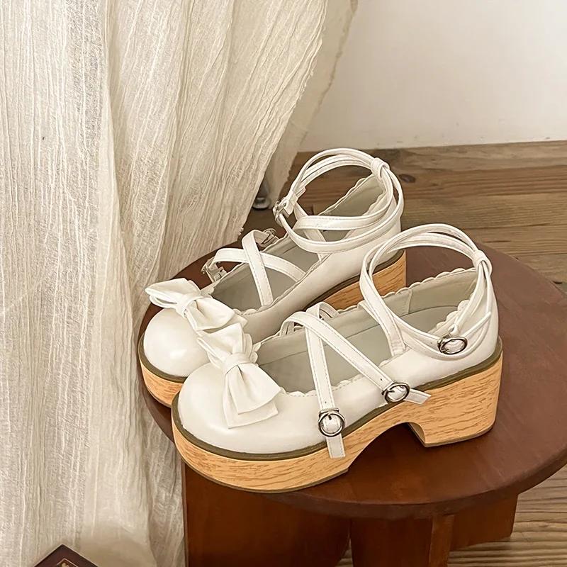 

Женская обувь Туфли Мэри Джейн Модные Толстая подошва Высокий каблук Одинарные туфли В японском стиле Круглый носок Мелкий вырез Jk Одинарные туфли 35 белый