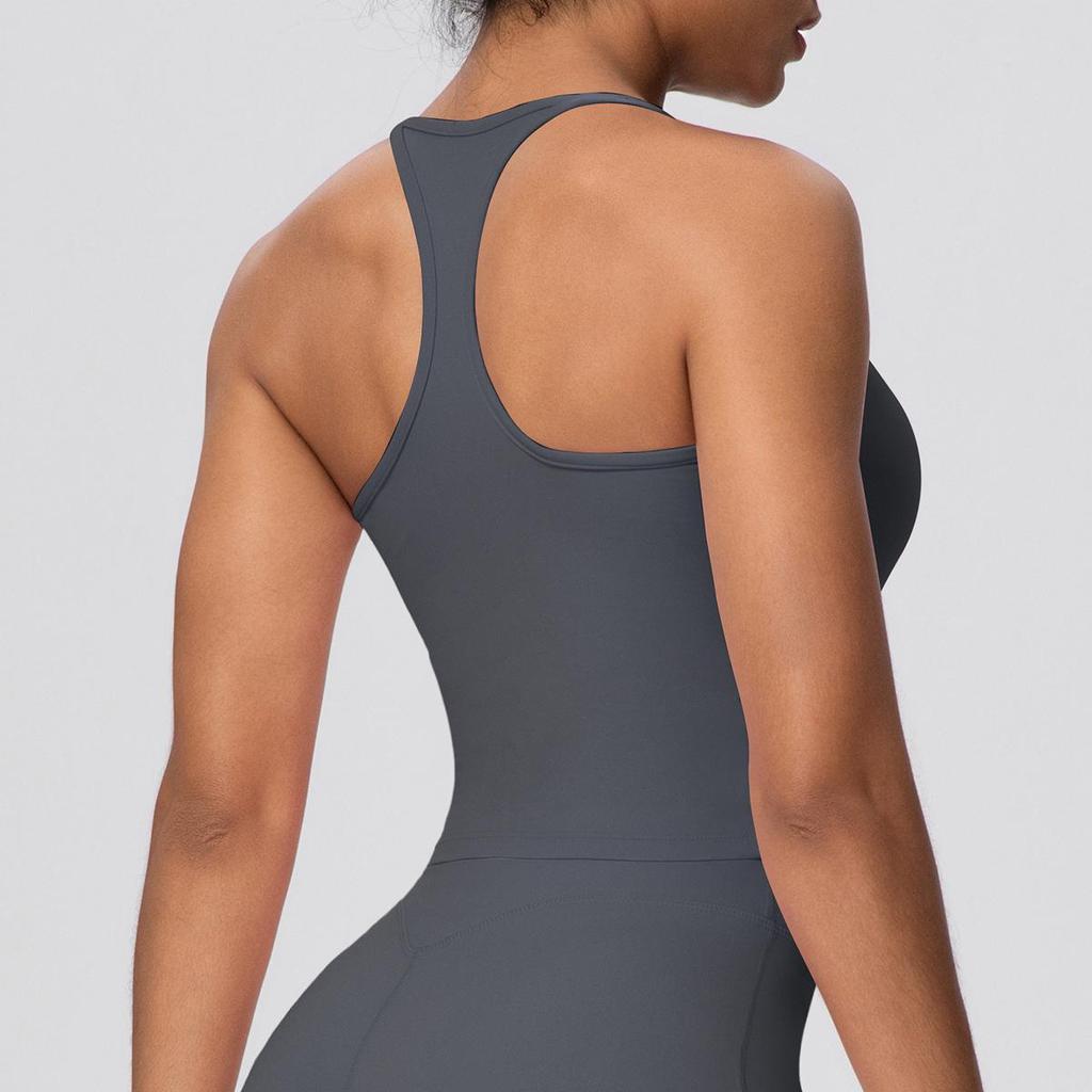 Solid Color Cross-Back Yoga Tank with Chest Pads - Quick-Dry, Fitted Sports Top