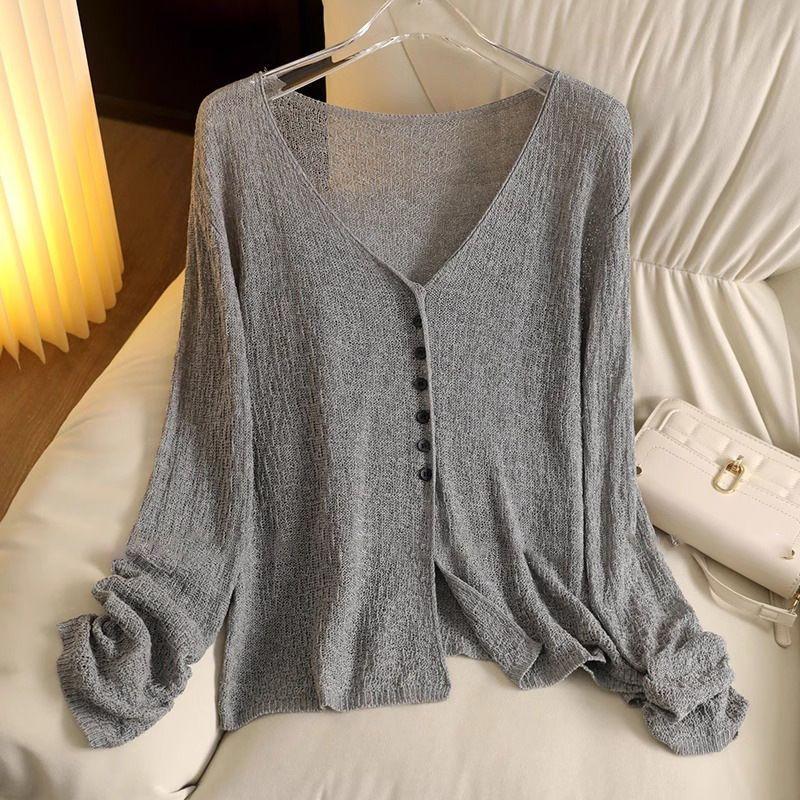 Dünne Pulloverjacken Damenbekleidung Ausgeschnitten Langarm Sommer Einfarbig Pullover V-Ausschnitt Lässig Gestrickte Cardigan Jacken