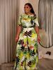 European and American Short-sleeve Printed Lace-up Slim Fit Top for Women, African New High-waisted Wide-leg Pants Set