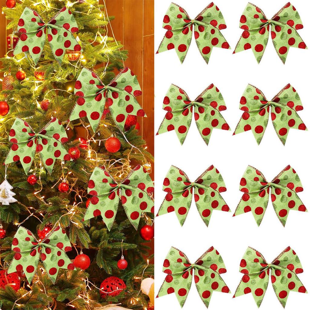 8Pcs Red & Green Christmas Polka Dot Bows - Tree Garland, Gift Box, Elf Decor, Holiday Accessories