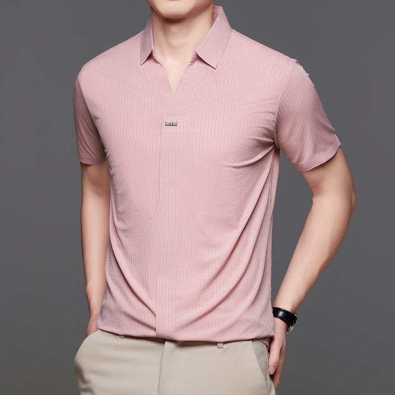 Premium Thin Short Sleeve V-Neck Casual Breathable Skin-Friendly Business Loose Polo Shirt Men'S Clothing