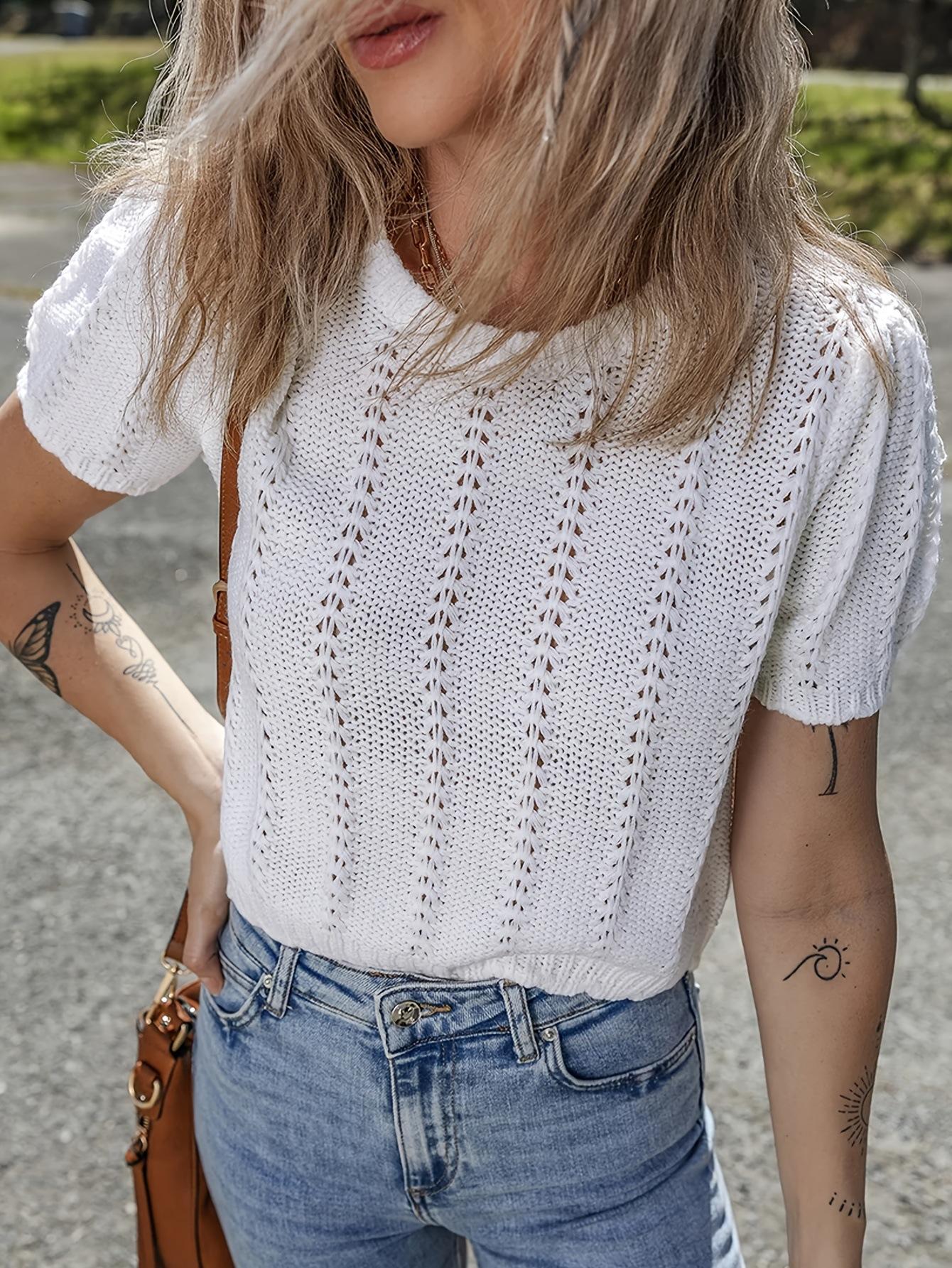 Women S Sweet French Style Round Neck Short Sleeve Knit Sweater Top S