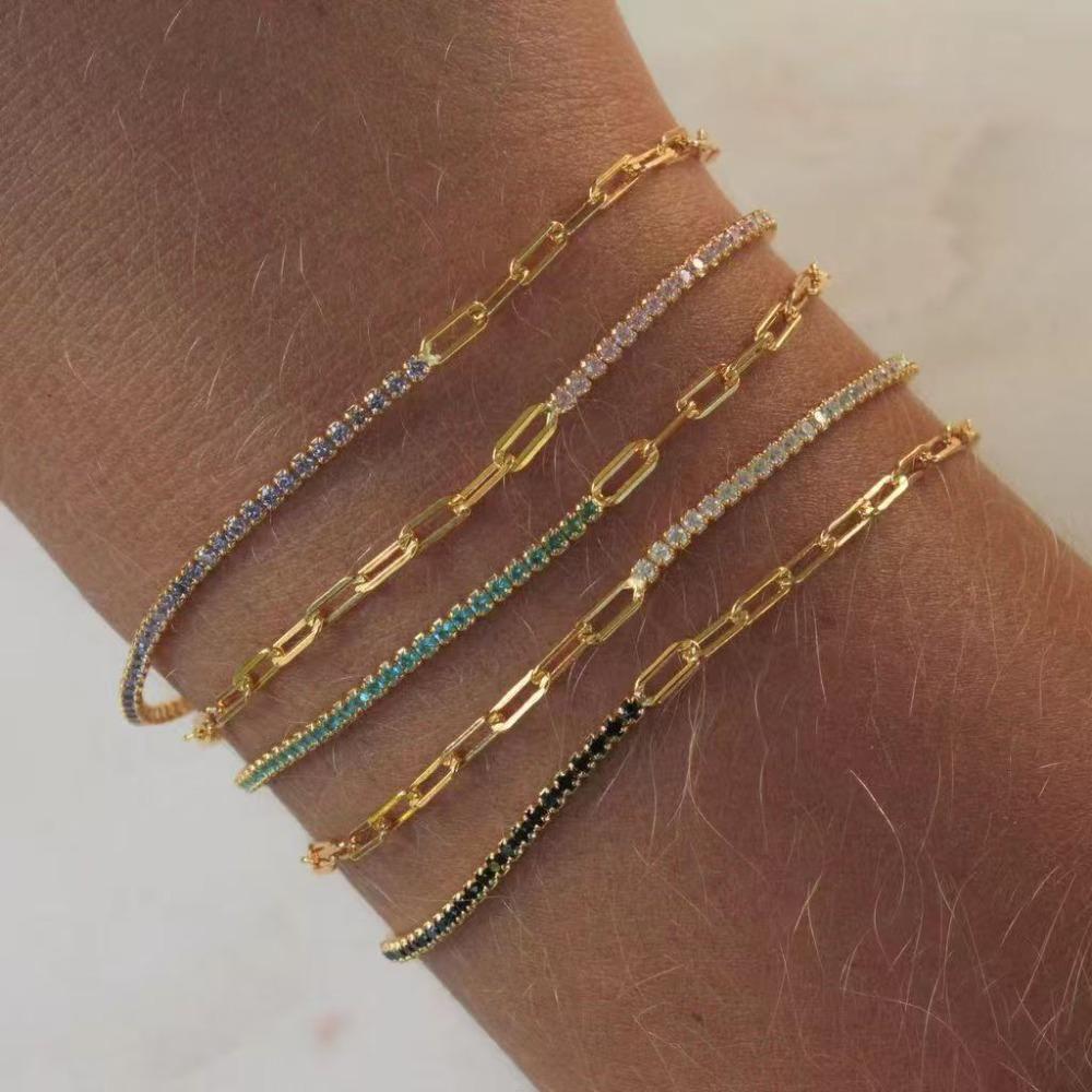 Luxury Exquisite Geometric Square Colored Zircon Stainless Steel Paperclip Chain Bracelets for Women Trend Jewelry Does Not Fade