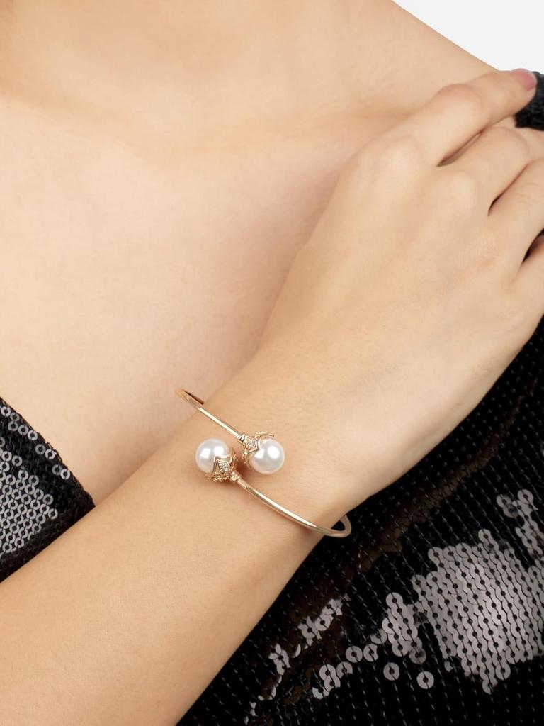 Rose Gold Tone Shiny Cubic Zirconia and Pearl Embellished Brass Kada Style Bracelet for Women