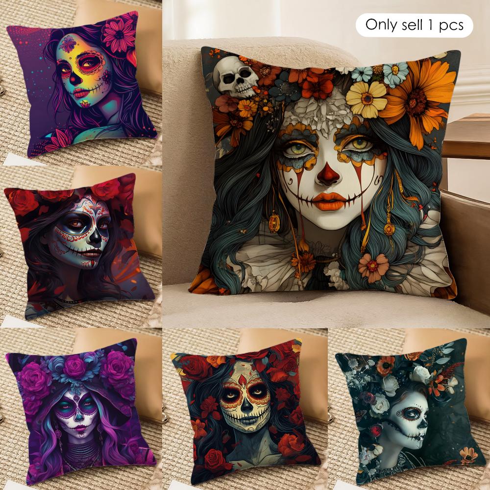 Sugar Skull Girl Cushion Cover Soft Plush Fabric DoubleSided Printed Sofa Cushion Cover for All Seasons Home Decor Gift