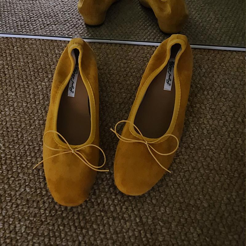 Ballet bow light mouth red single shoes women's new retro Doudou shoes flat women's retro suede grandma shoes