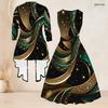 Women Plus Size Two Piece Set Printed Green Black Gold 3 4 Sleeve Cardigan Sleeveless Tie Waist Flared Dress