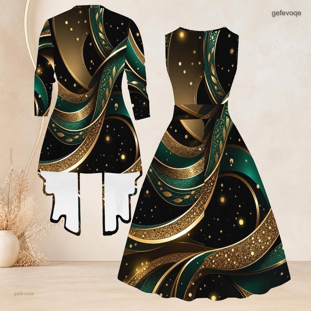 Women Plus Size Two Piece Set Printed Green Black Gold 3 4 Sleeve Cardigan Sleeveless Tie Waist Flared Dress
