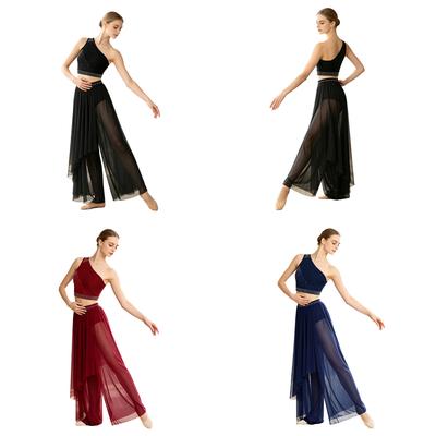 One Shoulder Rhinestone Ruched Mesh Crop Top and Irregular Pants with Built-in Briefs Set for Women Modern Lyrical Dance Costume