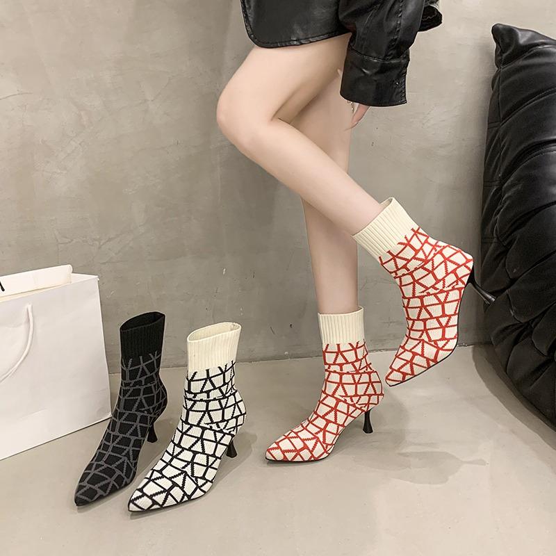 Modische Strick-Booties Spitzschuh Neue Sockenstiefel Stretch Mid-Leg Stiefel