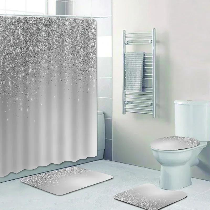Stylish Black Silver Falling Glitter Confetti Dust Explosion Bathroom Curtains Shower Curtain Set Grey Sparkling Bath Rugs Decor