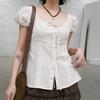 Crew Neck Bubble Sleeve Short-length Sleeve T-Shirt For Women French Solid Color Strap Waist Skinny Top Summer