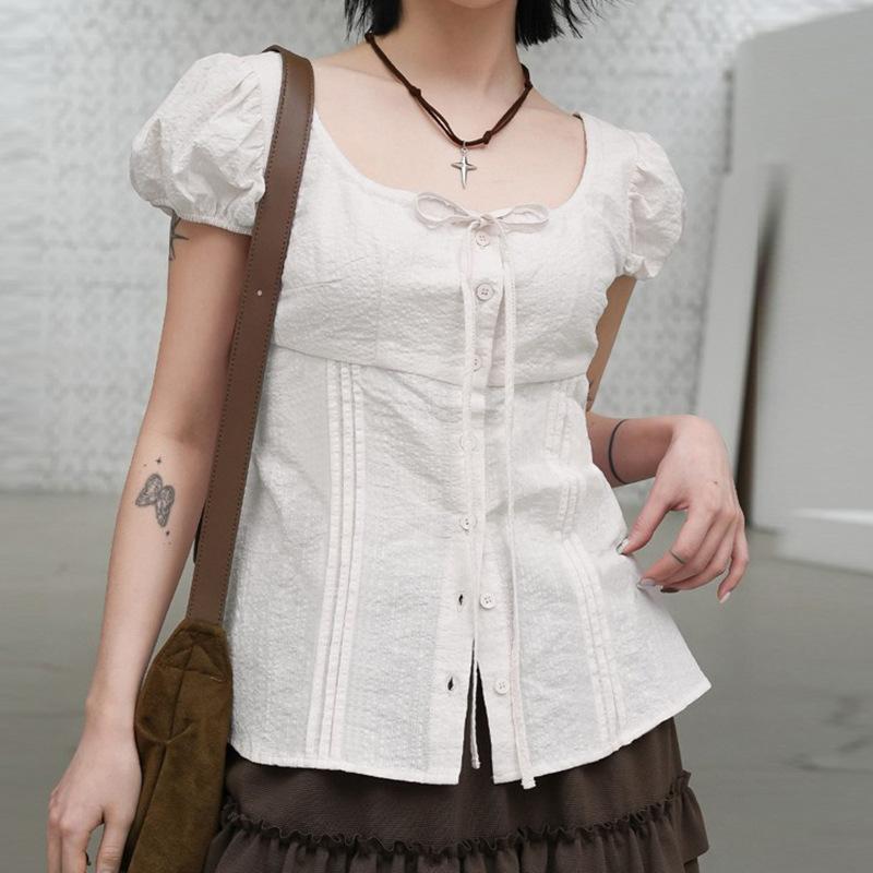 Crew Neck Bubble Sleeve Short-length Sleeve T-Shirt For Women French Solid Color Strap Waist Skinny Top Summer