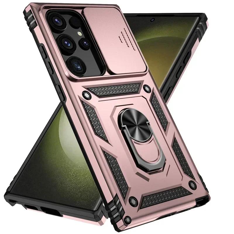 Ring Stand Rotating Slide Camera Lens Military Grade Armor Case For Samsung Galaxy S24 S23 S22 S21 FE S20 Note 20 Ultra A16 A06