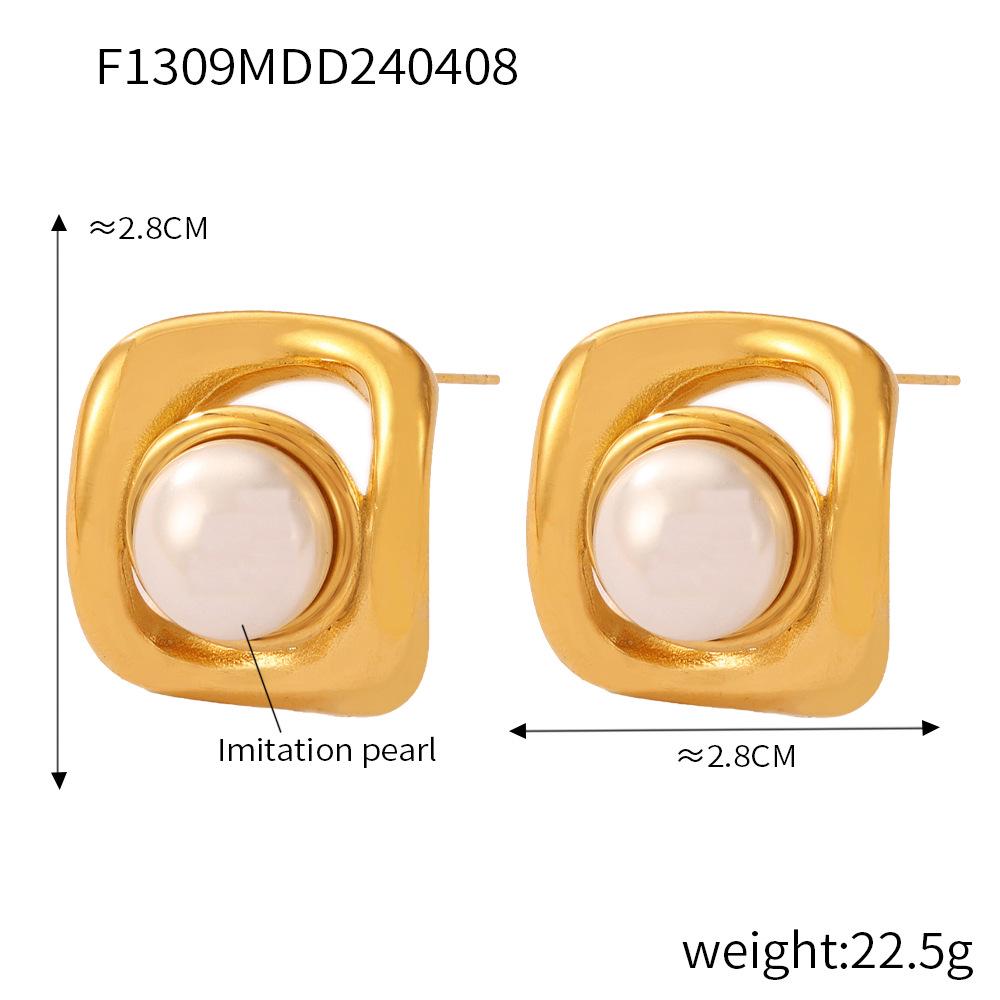 Ensemble de Boucles d'Oreilles Géométriques en Acier Titane Plaqué Or 18 carats avec Imitation Perle