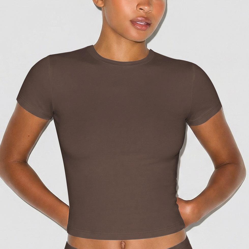 Cross-border new sports and leisure short-sleeved suit, European and American Spice Girls slim-fit elastic tight round neck front shoulder T-shirt top