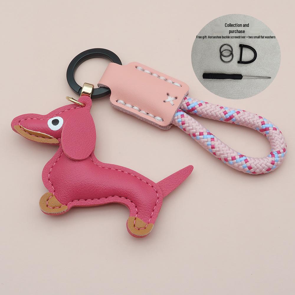 Mini Dachshund Cowhide Keychain: High-Quality Anti-Lost Lanyard with Cute Doll Pendant