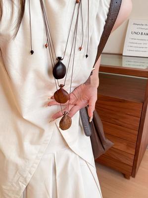 Ethnische Naturholz Flagon Perlenkette Für Frauen Verstellbare Lange Kordel Pullover Kette Anhänger Schmuck