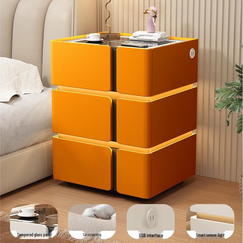 Solid Wood Smart Bedside Table with Wireless Charging, Modern Minimalist Design, Three-Layer Storage, Floor-Standing for Small Apartments.